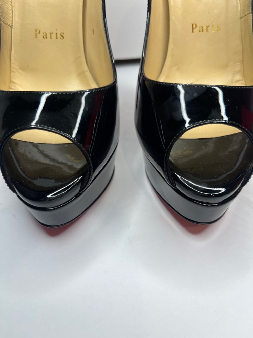 SZ 37 Christian Louboutin Black Patent Leather Peep-Toe Platform Pumps - Picture 8 of 15